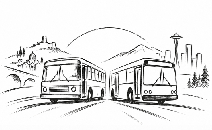 Чавдар 120 и Gillig Phantom: два автобуса от приблизително една и съща епоха.